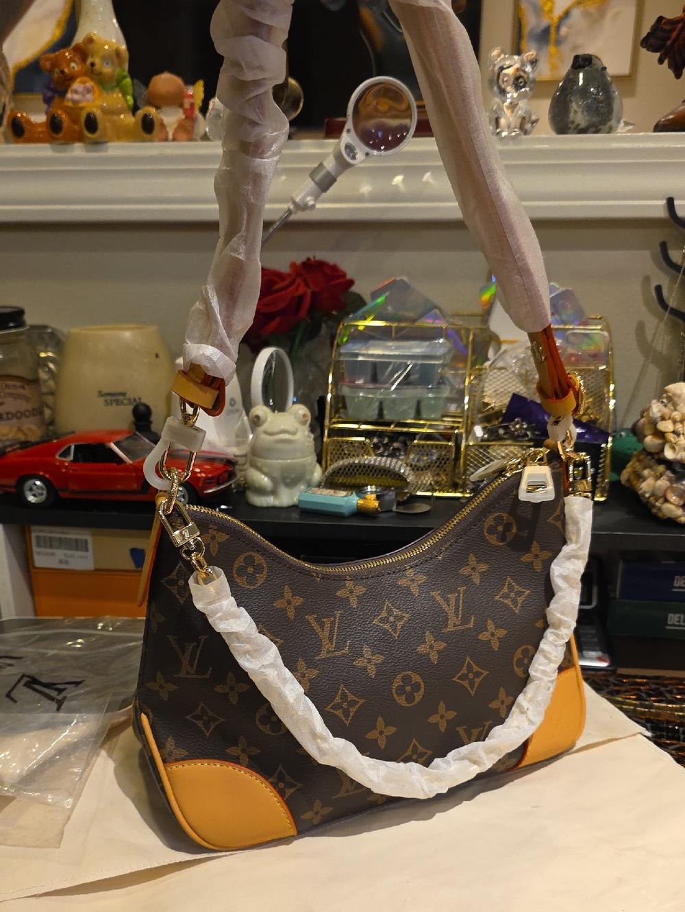 Monogram Canvas Crescent Shoulder Bag in Brown and Tan